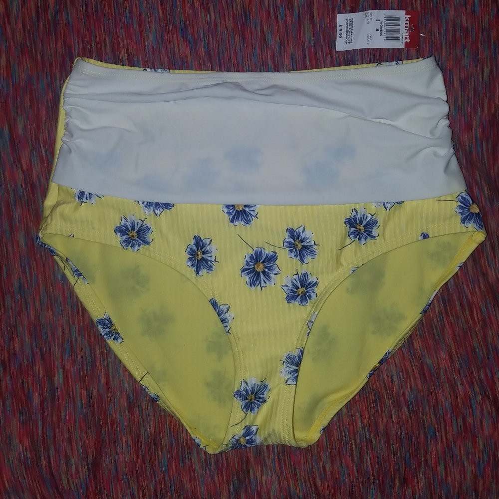 Yellow Blue Floral High Waisted Swim Bikini Bottom